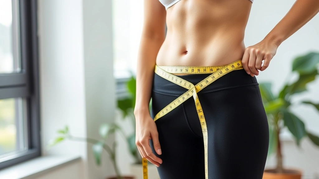 Fit person measuring their waist with a measuring tape, looking positive and healthy, standing near a window with natural light, showing progress and wellness
