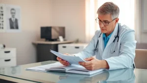 Healthcare professional in white coat reviewing medical documents and patient chart at desk, clinical setting with soft warm lighting, supportive and professional atmosphere, no visible text or numbers