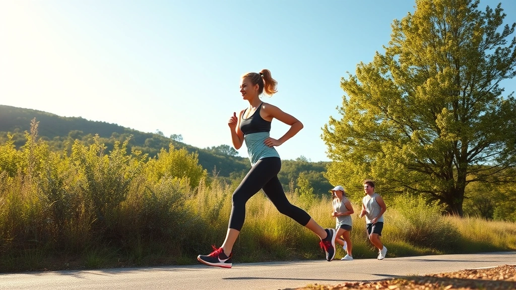 Person exercising outdoors on sunny day doing cardio workout, energetic movement captured mid-stride, natural landscape background, healthy lifestyle embodiment, vibrant and motivating