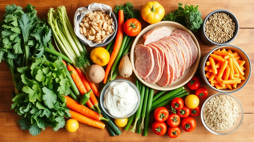 Nutritious whole foods arranged on wooden table including vegetables, lean proteins, and grains in natural lighting, fresh and appealing presentation, wholesome meal preparation scene