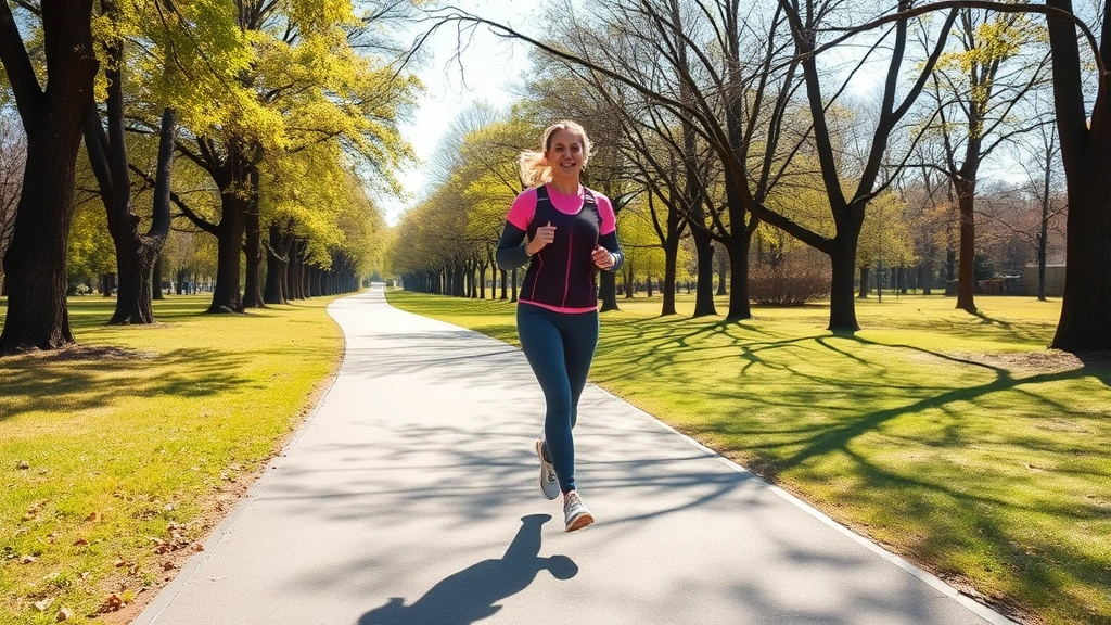 Woman jogging on sunny park trail with trees, athletic wear, natural daylight, healthy outdoor exercise