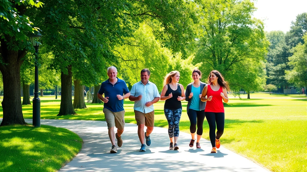 Diverse group of people walking together on paved pathway through green park, smiling and exercising, bright day