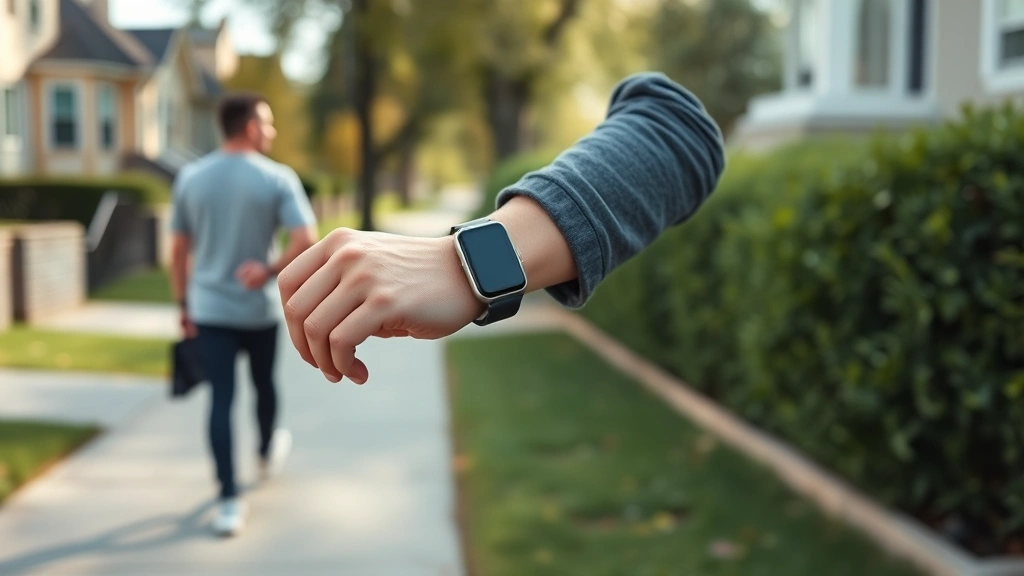 Person checking fitness tracker on wrist while walking on neighborhood street, active lifestyle, daytime