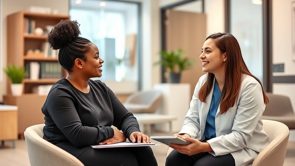 Professional healthcare provider consulting with diverse patient in modern medical office, warm lighting, comfortable seating, supportive body language, clipboard visible, contemporary clinic setting