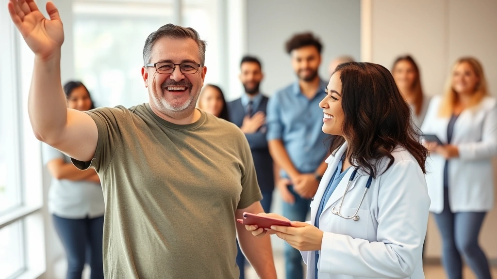 Patient celebrating progress in weight loss clinic, smiling with healthcare provider, modern facility interior, motivational atmosphere, diverse team members visible in background, supportive healthcare setting