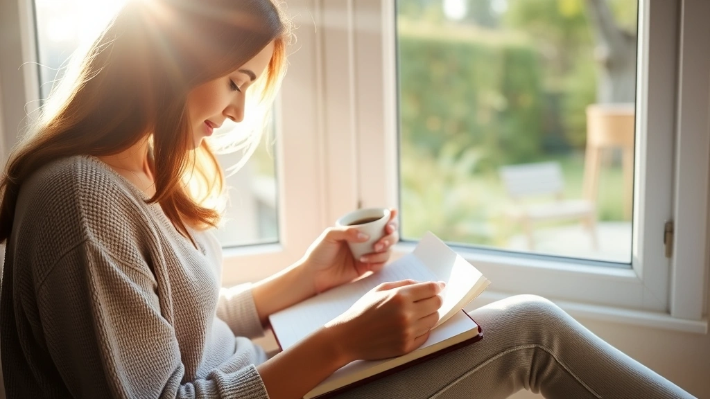 Woman journaling with coffee, early morning sunlight streaming through window, peaceful determined expression, wellness aesthetic