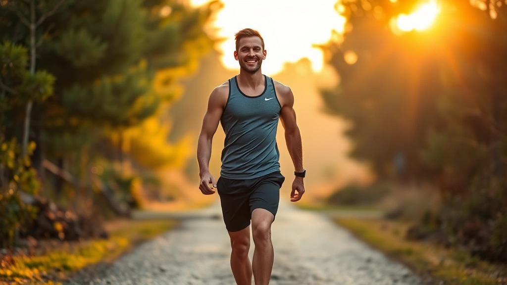 Person walking confidently in nature, sunrise background, athletic wear, genuine smile, strength and determination visible in posture