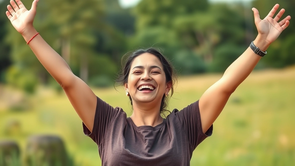 Woman celebrating personal victory, arms raised, natural outdoor setting, authentic joy and pride on face, healthy and glowing