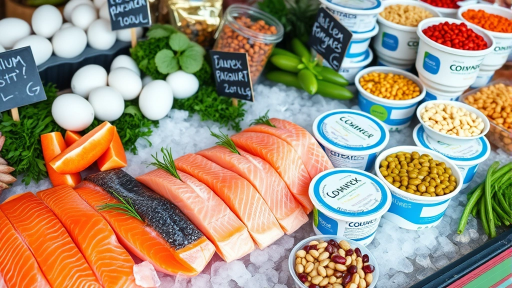 A vibrant farmer's market display with fresh salmon fillets, eggs, Greek yogurt containers, and various legumes arranged on ice, representing premium protein sources for weight loss