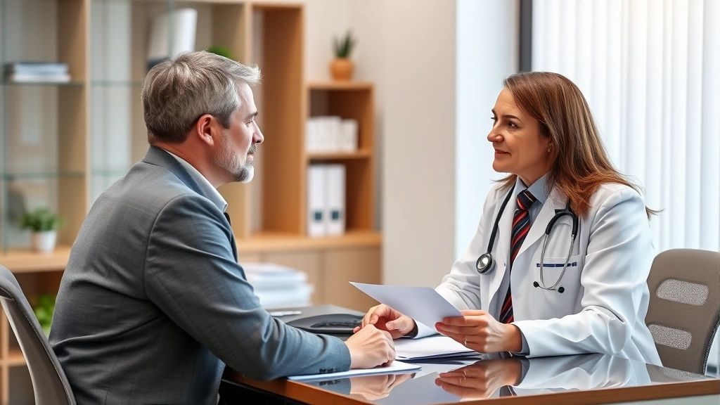 Professional healthcare consultation scene showing a doctor discussing treatment options with a patient in a modern clinic, both seated at desk with wellness charts visible