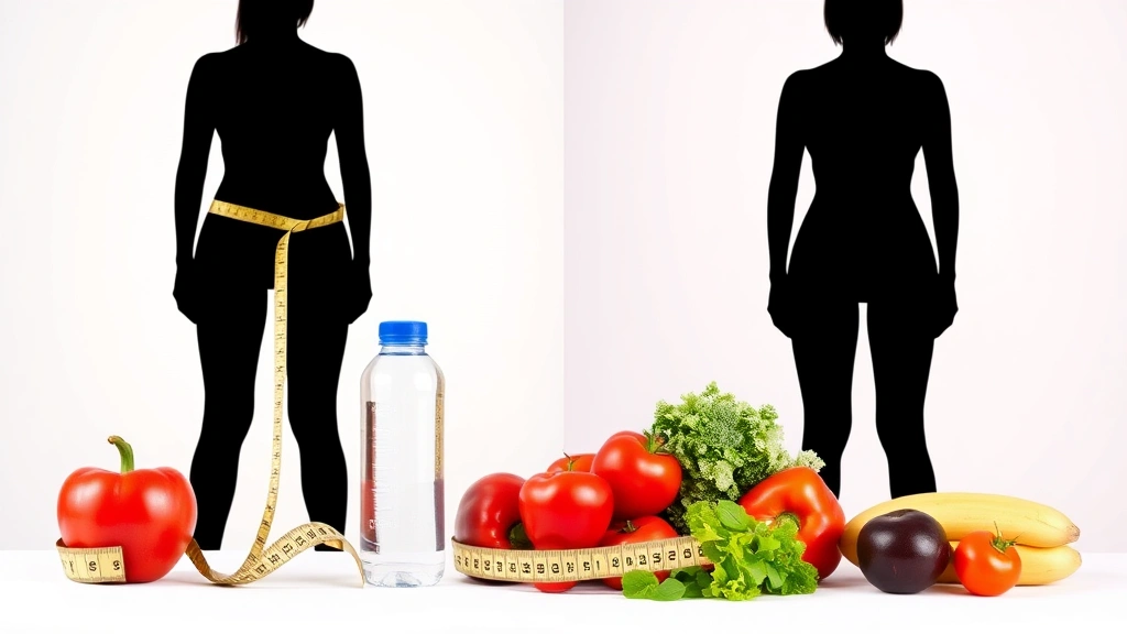 Before-and-after silhouette comparison showing body transformation, with a measuring tape and healthy food items like fresh vegetables and water bottle in foreground