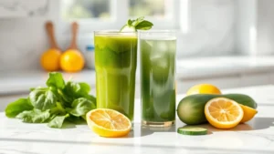 Fresh vibrant green juice in a tall glass with spinach, cucumber, and lemon slices beside it on a bright white marble countertop, natural sunlight streaming in, professional food photography style