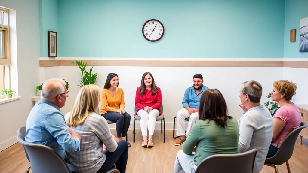 Diverse group of people in supportive weight loss clinic meeting, sitting in circle having discussion, encouraging body language, healthcare professional facilitating, bright welcoming room, genuine emotion