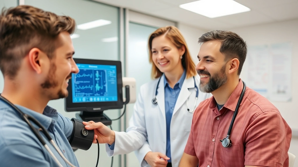 Male patient at clinic receiving measurement and health assessment from female physician, vital signs monitor visible, professional medical environment, positive interaction, modern healthcare facility