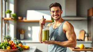 A fit person holding a nutritious protein shake in a modern kitchen, smiling with fresh vegetables and whole foods visible on the counter, natural lighting, healthy lifestyle setting