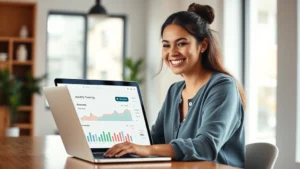 Young woman smiling at laptop showing health tracking dashboard with graphs, bright modern office setting, natural lighting, wellness focused