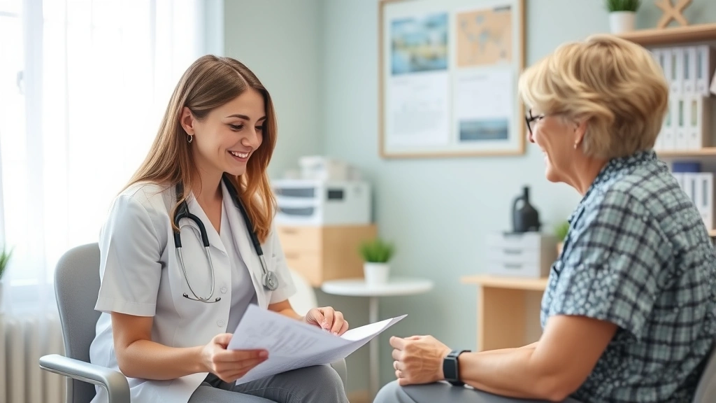 Professional registered dietitian consulting with patient in clean medical office, both looking at nutrition documents, supportive caring atmosphere