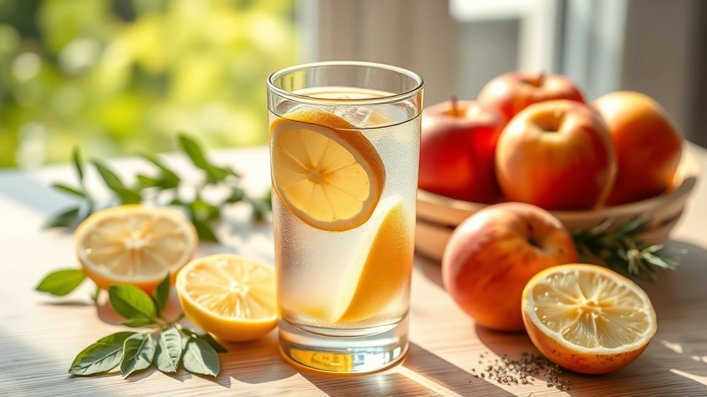 A clear glass of diluted apple cider vinegar with water and fresh lemon slices, sitting on a light wooden table next to fresh apples and herbs, natural sunlight streaming in, photorealistic wellness aesthetic