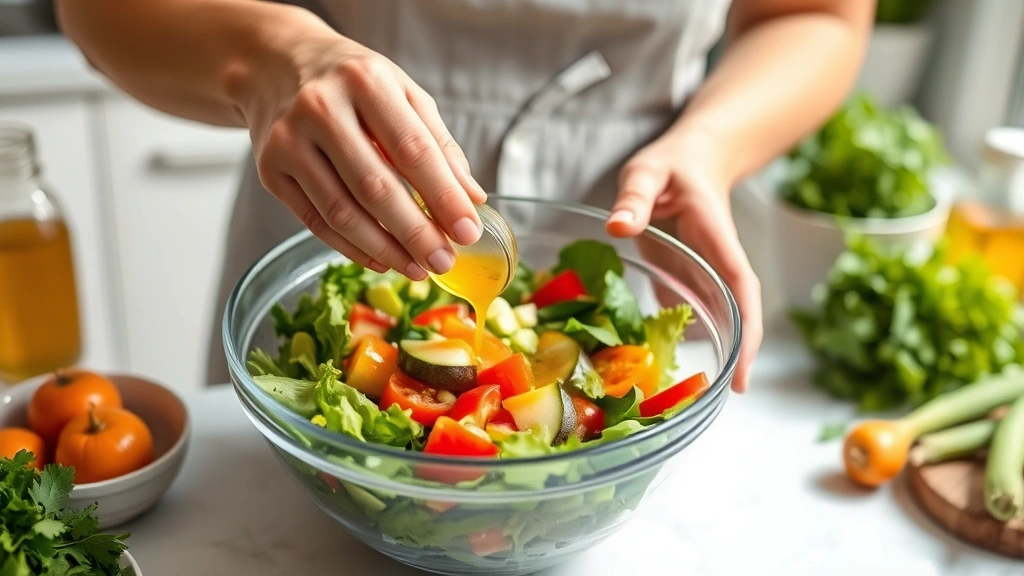 A person preparing a healthy salad with apple cider vinegar dressing, fresh vegetables and greens visible, hands mixing ingredients in a bowl, bright kitchen setting, natural lighting, healthy meal preparation scene