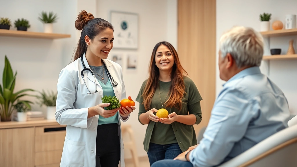 A nutritionist consultation scene showing a healthcare professional discussing weight loss strategies with a patient, modern medical office, supportive and professional atmosphere, health-focused environment