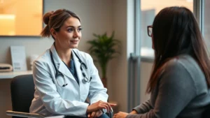 Professional female healthcare provider wearing white coat consulting with patient in clinical office discussing medication options and health goals, warm lighting, modern medical setting, both appear engaged in conversation