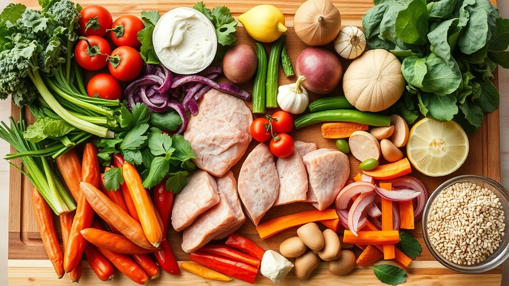 Overhead view of diverse variety of fresh colorful vegetables, lean proteins, and whole grains arranged on wooden cutting board in bright natural kitchen light, preparation for healthy meal