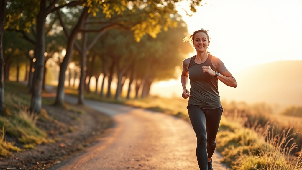 Person in athletic wear jogging outdoors on tree-lined path during golden hour, showing energy and motivation, natural landscape background, embodying active healthy lifestyle