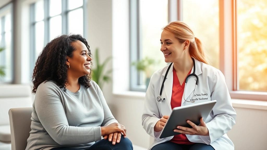 A diverse middle-aged woman in a bright, modern medical consultation room speaking with a professional female bariatric surgeon holding a tablet, both smiling, natural lighting from large windows, warm and welcoming healthcare environment
