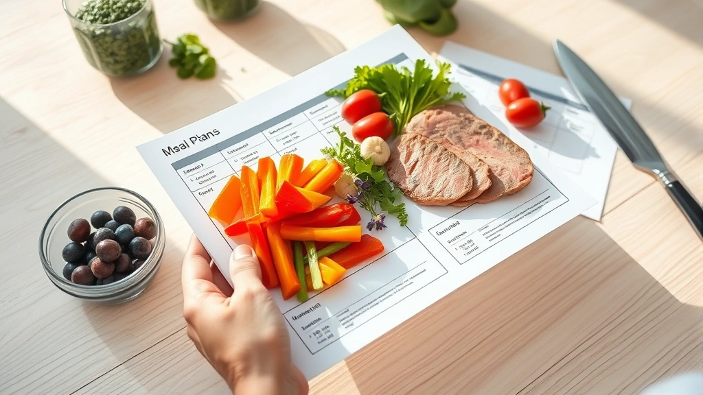 Close-up of a patient's hands holding a meal plan with fresh vegetables and lean proteins on a light wooden table, showing post-surgery nutrition preparation, morning sunlight, no text visible on papers