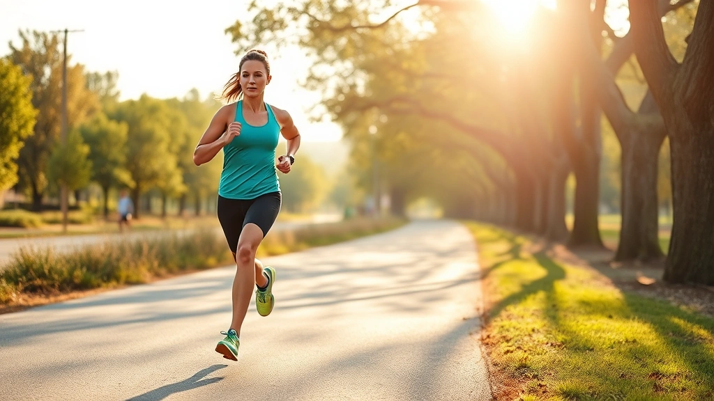 A fit person of color jogging outdoors on a tree-lined path on a sunny morning, representing post-surgical recovery and long-term weight loss success, natural movement and energy