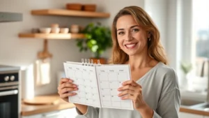 Woman holding weekly medication organizer with injection pens, smiling confidently in bright kitchen, natural morning light, wellness-focused atmosphere