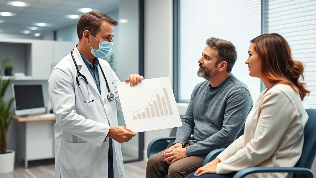 Healthcare provider discussing treatment plan with patient in modern clinic office, pointing to growth chart showing steady progress, supportive professional setting