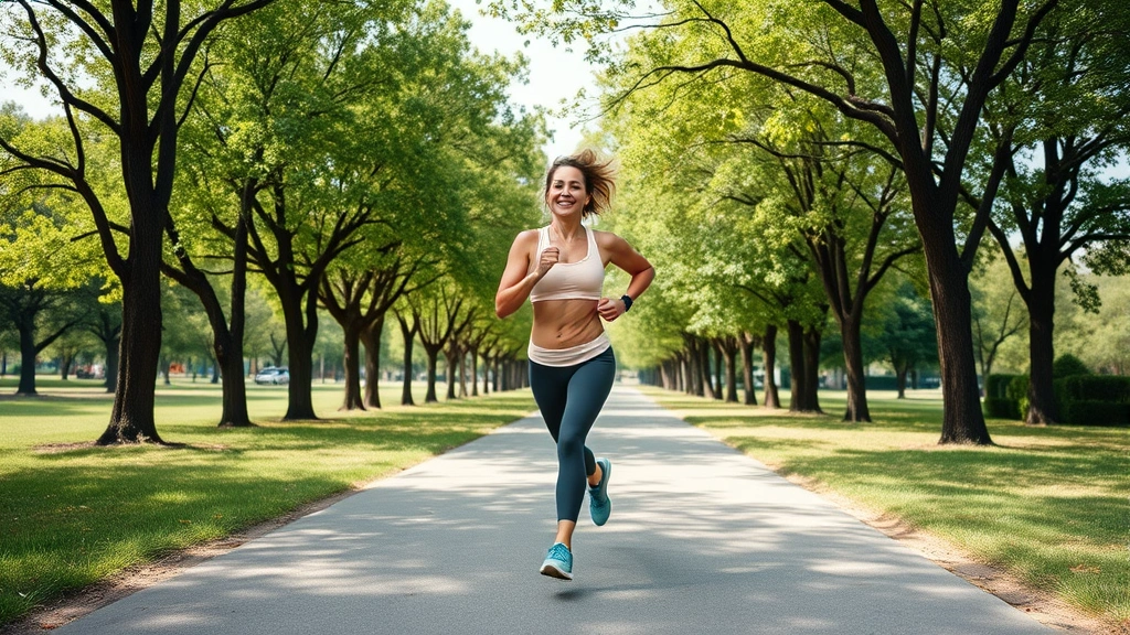Active person jogging outdoors in park with green trees, wearing comfortable workout clothes, displaying energy and fitness during weight loss journey