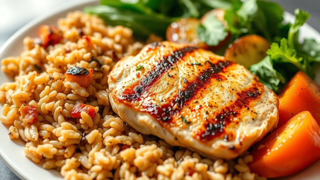 Colorful plate with grilled chicken breast, brown rice, roasted vegetables and fresh greens, natural daylight, representing balanced nutrition and healthy meal preparation for weight management