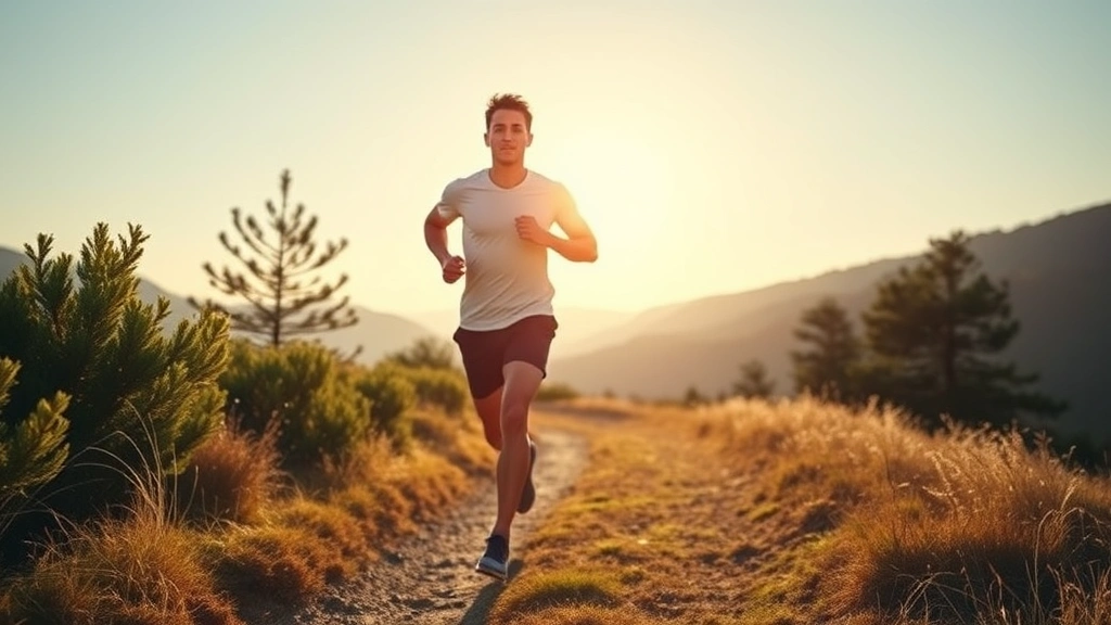 Fit male athlete jogging outdoors on sunny morning trail, natural landscape background, showing cardio exercise and active lifestyle for sustainable fitness transformation