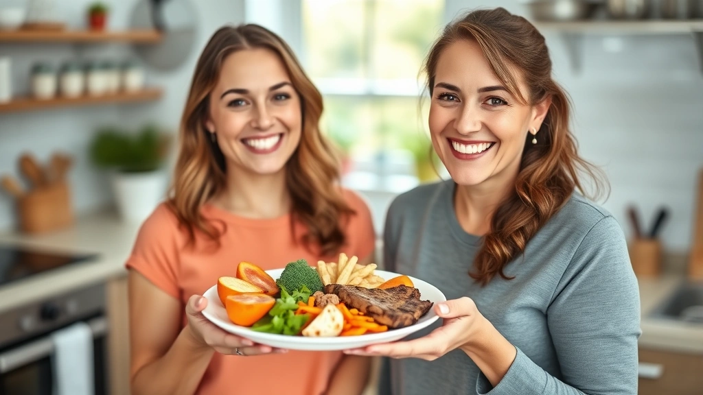 Woman holding a small plate with nutritious food, smiling in a bright kitchen, representing portion control and healthy eating habits during weight loss journey with medication