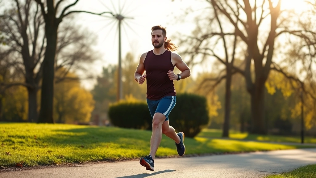 Person jogging outdoors in morning sunlight through a park, showing improved energy and fitness engagement during first month of weight loss medication, athletic wear