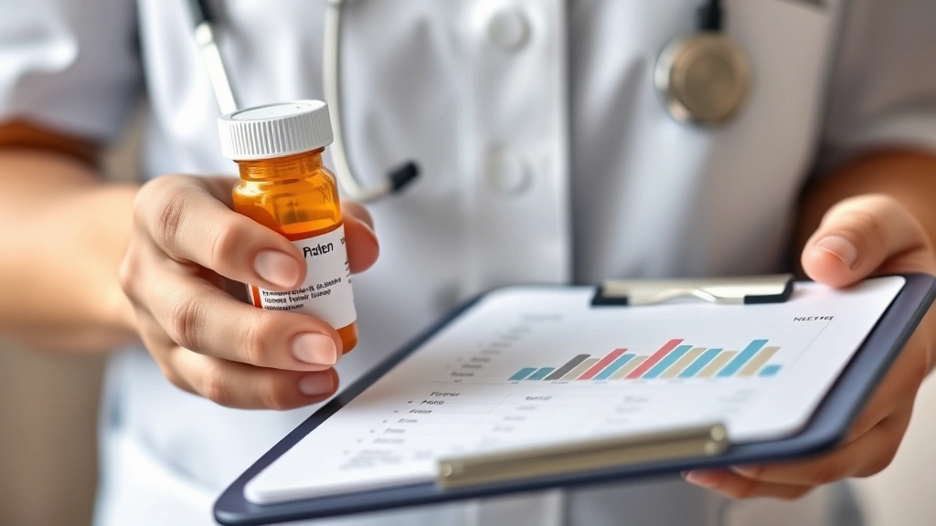Close-up of a healthcare provider's hands holding a prescription bottle labeled with medication, with a clipboard showing health metrics, representing medical weight loss treatment
