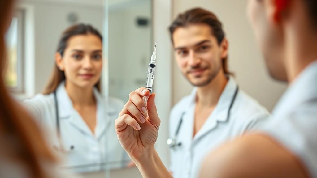 Person holding a syringe pen injection medication in bathroom mirror, professional medical setting, modern wellness aesthetic, healthy posture, natural lighting, calm confident expression