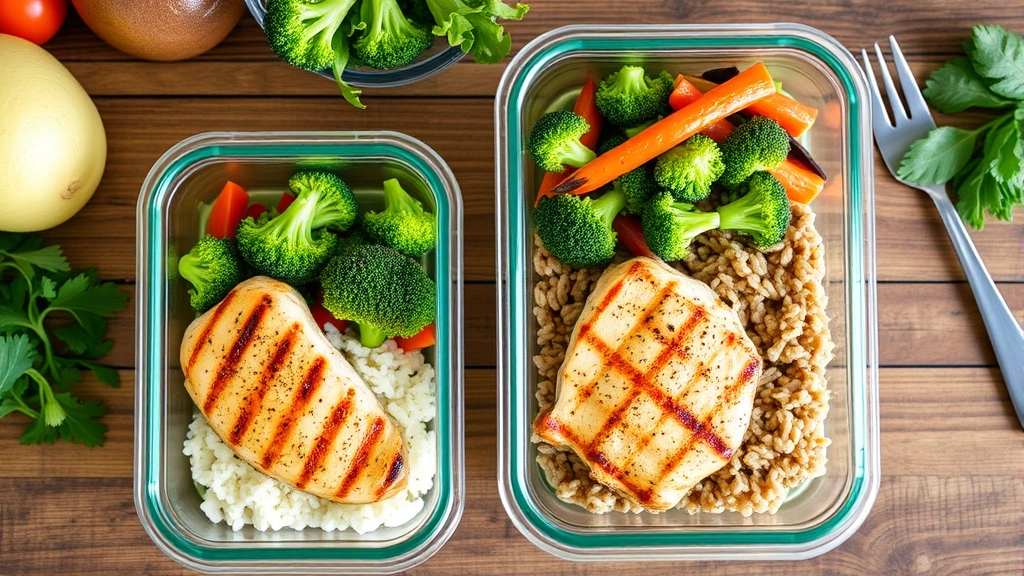 Healthy meal prep containers with grilled chicken breast, steamed broccoli, brown rice, colorful vegetables, wooden table, fresh ingredients, nutritious balanced portions, natural daylight