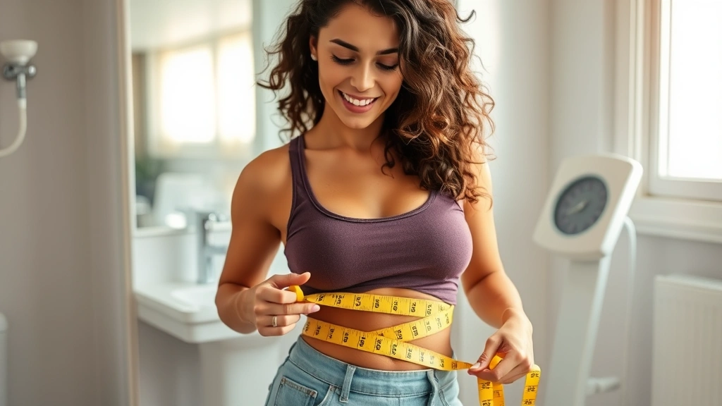 Woman measuring waist with tape measure, looking at scale, wellness tracking setup, bathroom scale, progress journal, positive confident expression, morning light, health-focused atmosphere