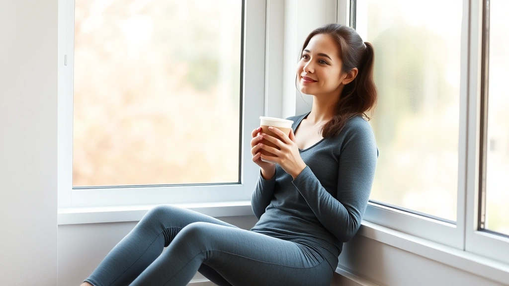 A peaceful woman in comfortable workout clothes sitting by a window with natural sunlight, holding a warm beverage, appearing calm and thoughtful, representing mental wellness and the connection between mental health and weight management