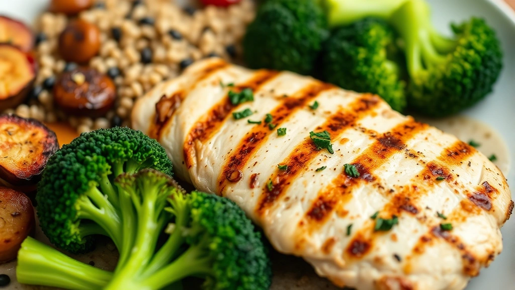 Close-up of a colorful plate with grilled chicken breast, fresh steamed broccoli, quinoa, and roasted vegetables, showcasing healthy whole foods and balanced nutrition for weight management while on medication