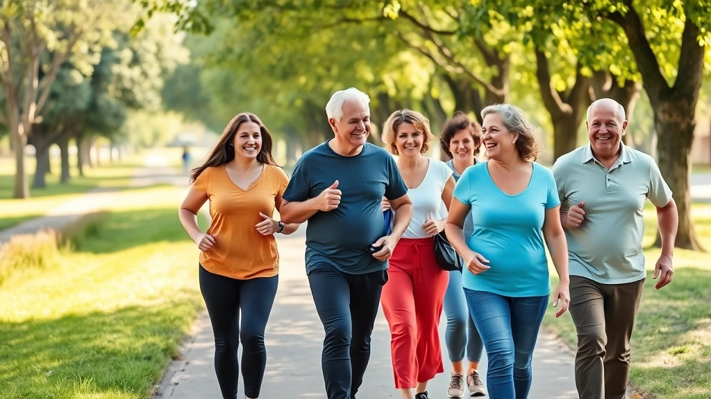 A diverse group of people of different ages and body types walking together outdoors on a tree-lined path during daytime, smiling and enjoying physical activity, representing sustainable weight management and healthy lifestyle choices